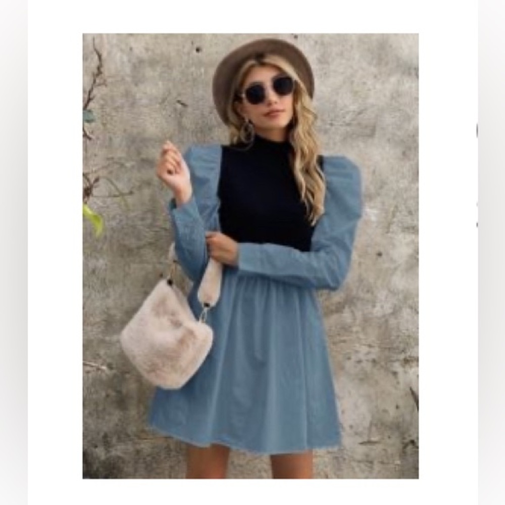 Mock Neck Puff Sleeve Colorblock Dress
